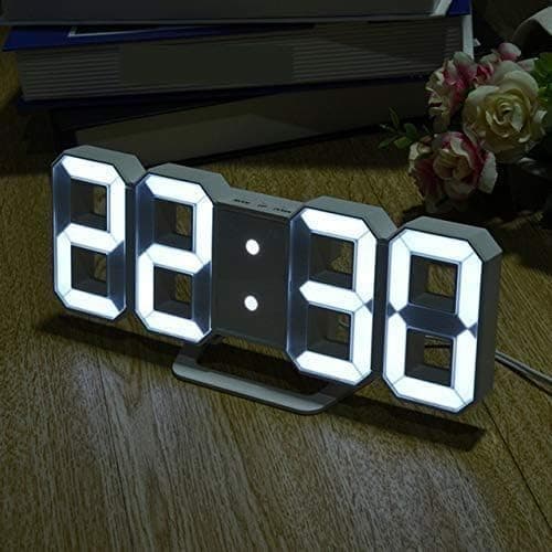 3D LED Digital Wall Clock, White, Plastic, Auto-Adjustable Brightness, Battery Powered, Table or Wall Hanging, with Temperature Display and Snooze Alarm, Rectangular, 5x5 cm (Digital_Clock_White)