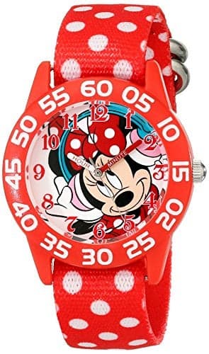 Disney Minnie Mouse Watch for Girls – Fun & Durable Minnie Mouse Watch for Toddlers – Perfect Gift Little Fans – Cute Watches Kids 3-5 with Red Bezel & White Dotted Nylon Strap