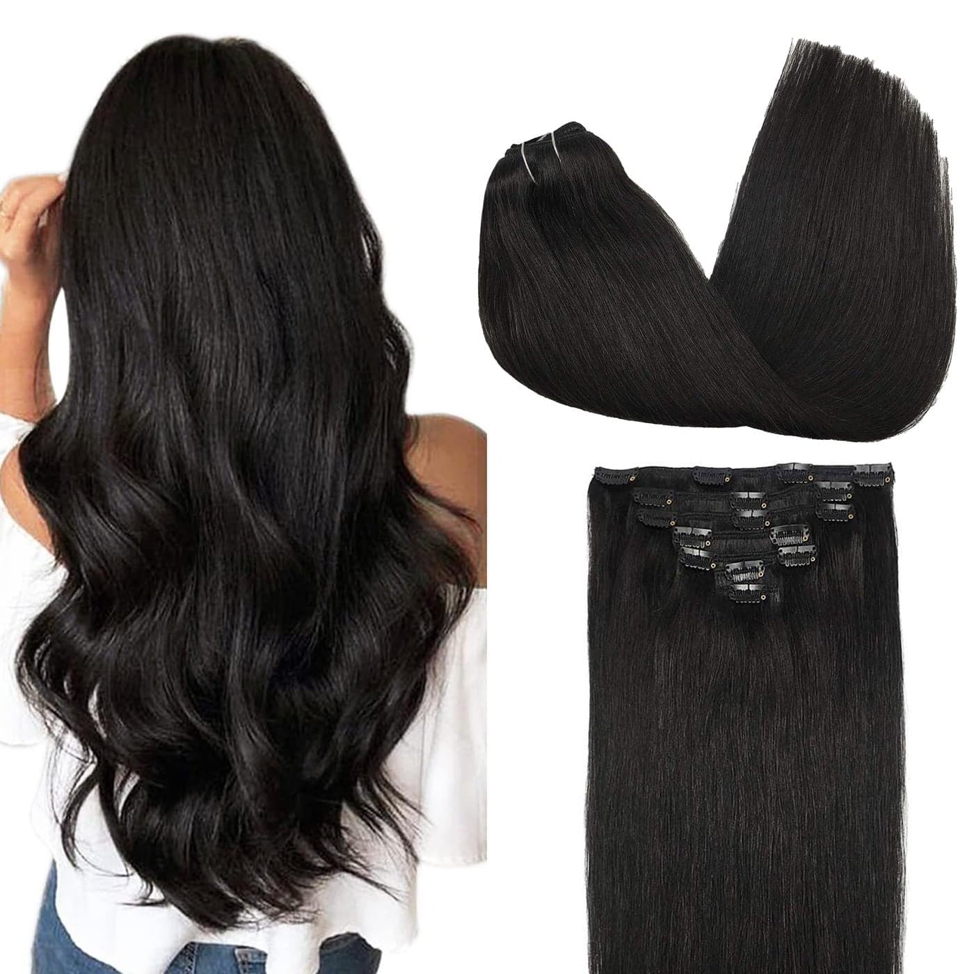 GOO GOO Clip in Hair Extensions Real Human Hair Remy Human Hair Extensions Clip ins for Women Natural Human Hair 16inch 120g 7Pcs 1B Natural black