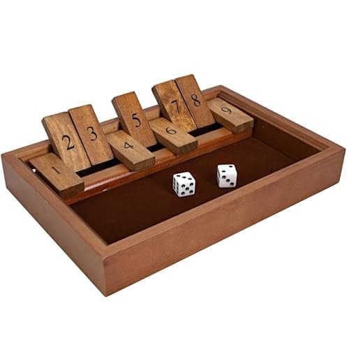 WE Games Shut The Box Game Wooden 9 Number Flip Tiles with Dark Stained Wooden Box Perfect for Game Night Math Games Clackers Family Games Adult Dice Games Board Games for Adults 11 inches