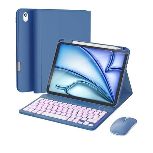 RAYMCRAFT for iPad Air 11-inch Case with Keyboard M4/M3/M2 (2026/2025/2024), Mouse and Detachable Wireless Keyboard Combo for iPad Air 5th/4th 10.9-inch, 7-Color Backlit with Pencil Holder, Steel Blue