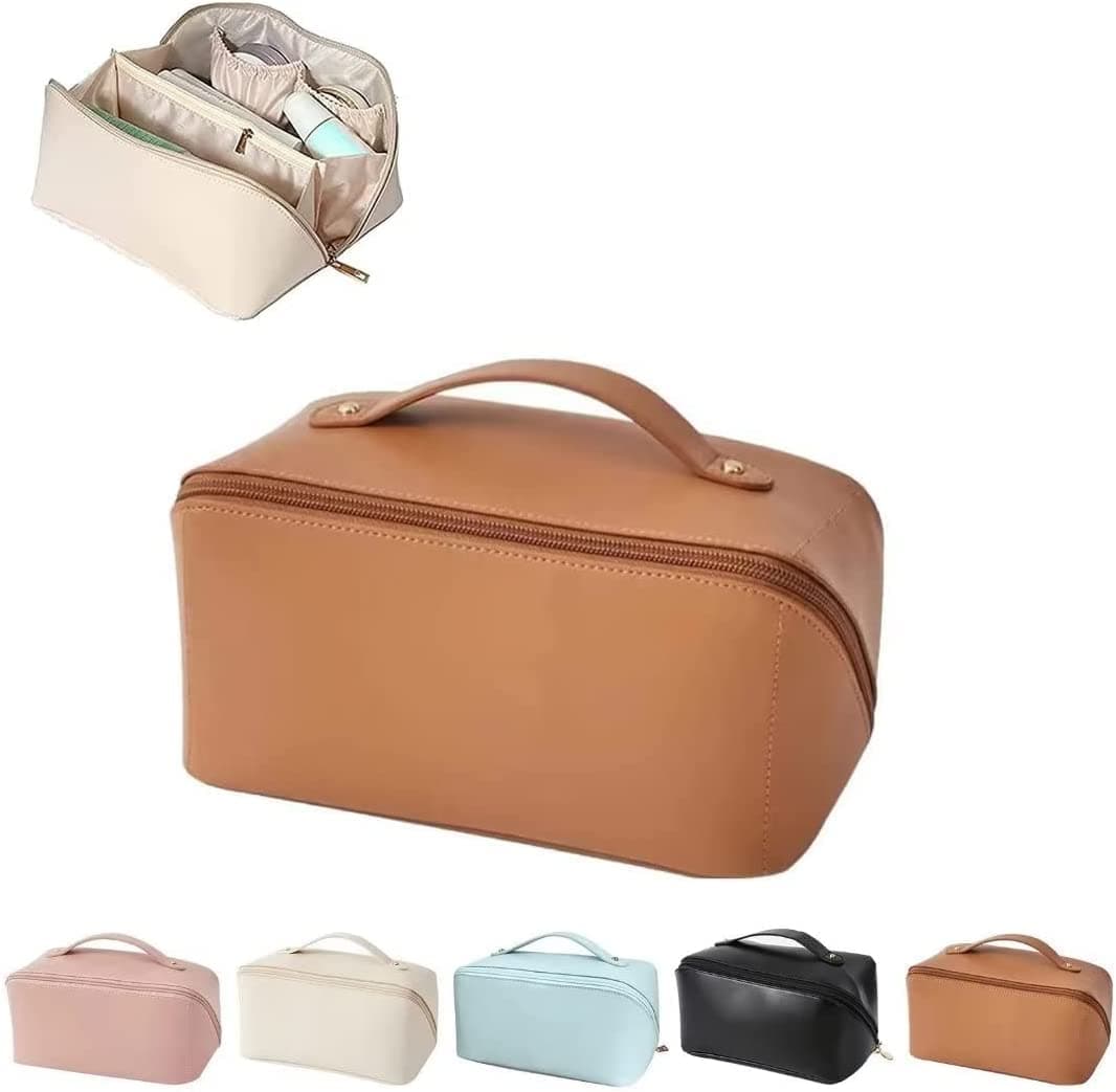 Sqinelli Large Capacity Travel Cosmetic Bag Makeup Bag PU Leather Waterproof Cosmetic Bag Women Portable Travel Makeup Bag with Handle and Divider Flat Lay Makeup Organizer Bag