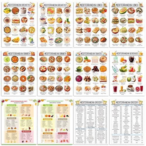 iyouthlife 12 Pcs Mediterranean Diet Chart Food List, Grocery List Health Food Guide for Daily Diet Plan, Heart Healthy Easy Recipes for Beginners