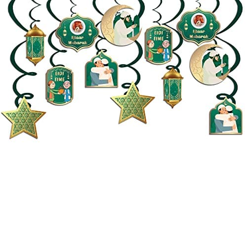 Festiko® Set Of 24 Pcs Swirls Ribbons With Cutouts For Eid Decorations, Hanging Decorations For Eid, Eid Mubarak Decorations, Ramadan Decorations