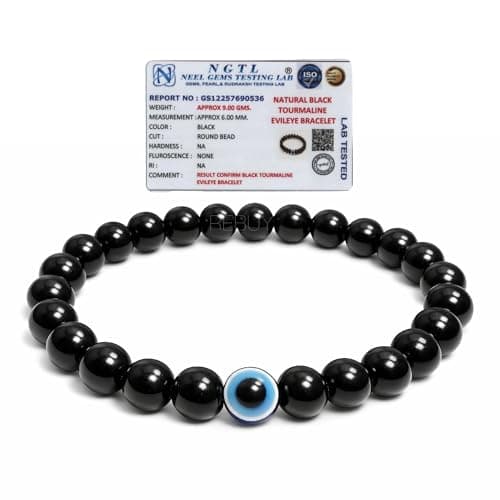 REBUY Black Tourmaline Bracelet Natural Healing Stone Evil Eye Charm Gemstone Bracelet for Men & Women, Color Black, Bead Size 6 mm