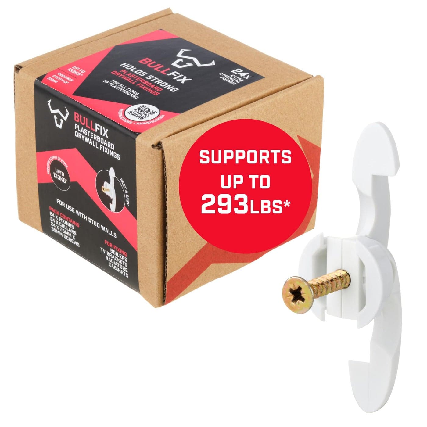 Bullfix Extra Heavy Duty Drywall Anchors, Holds up to 293lbs, Hollow Wall Anchor Mount Set, Stronger Than Toggle Bolts and Butterfly Screw, Drywall Anchors and Screws Kit - 24 Pack
