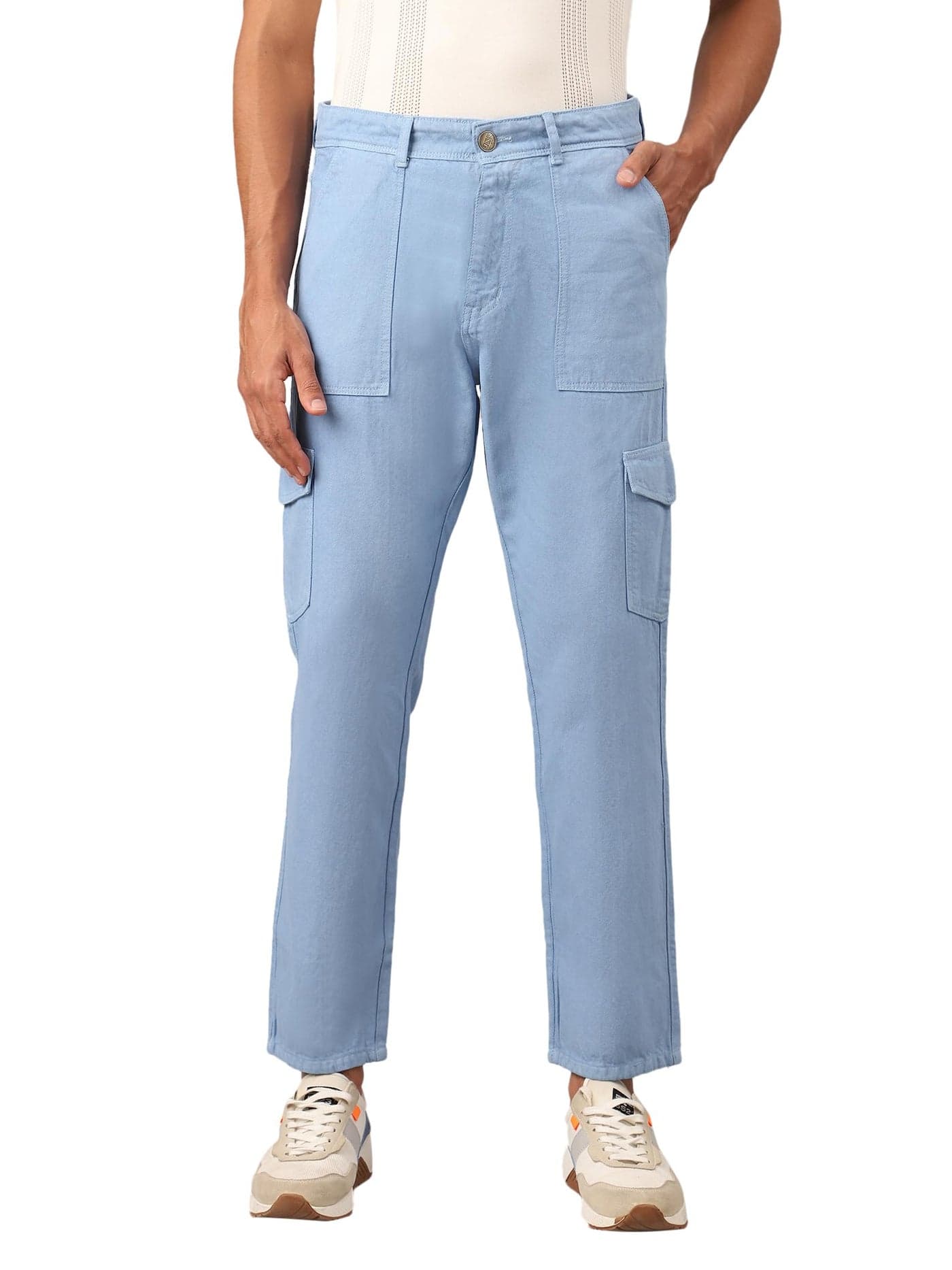 AVANOVA Light Blue Bell-Bottom Men Cargo Jeans II Men Cargo Pants II Denim Cargo for Men II Cotton Pant II Wide Legs II Flap Pockets II Cargo for Men (Jeans-119-Light Blue-38)
