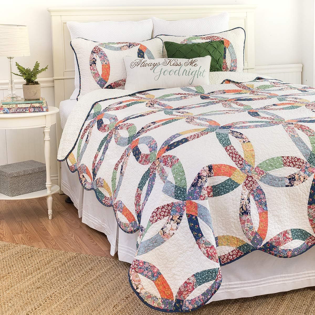 CF Home 64 x 86 Heritage Double Wedding Ring Patchwork Premium 2Piece Cotton Twin Bedding Set All Seasons Luxury Vintage Machine Washable Reversible Lightweight Quilt Bed Bedroom Anniversary