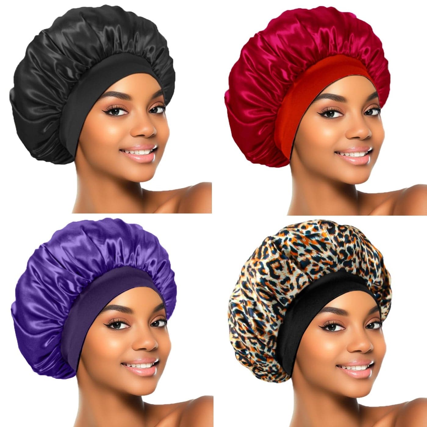 4Pcs Silk Bonnet for Sleeping Satin Hair Bonnets Soft Elastic Band Silk Sleep Cap Hair Wrap for WomenBlack Wine Red Purple Gold