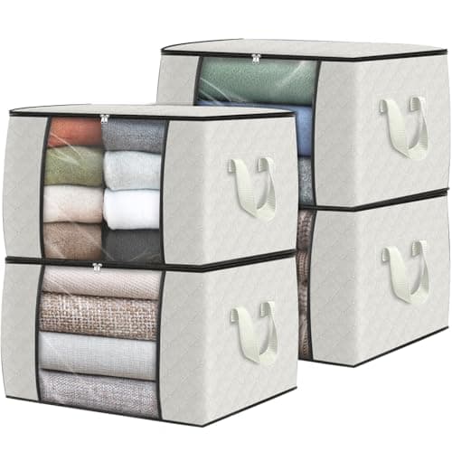 Fab totes 4 Pack Clothes Storage, Foldable Thick Fabric Blanket Storage Bags, Containers for Organizing Bedroom, Closet, Clothing, Comforter, Organization with Handle,Ivory White