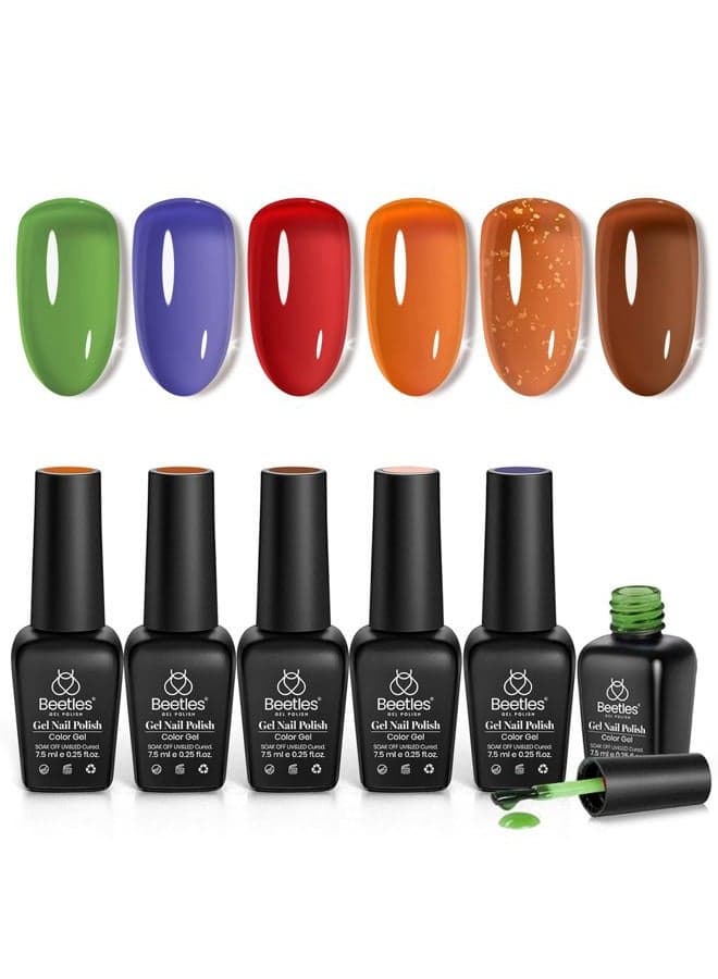 Beetles Jelly Gel Nail Polish - Glimmer 6 Colors Red Blue Green Glitter Orange Brown Gel Polish Set Tortoise Jelly Spring Colors Nail Soak Off LED UV Curing Manicure Kit Gift for Women