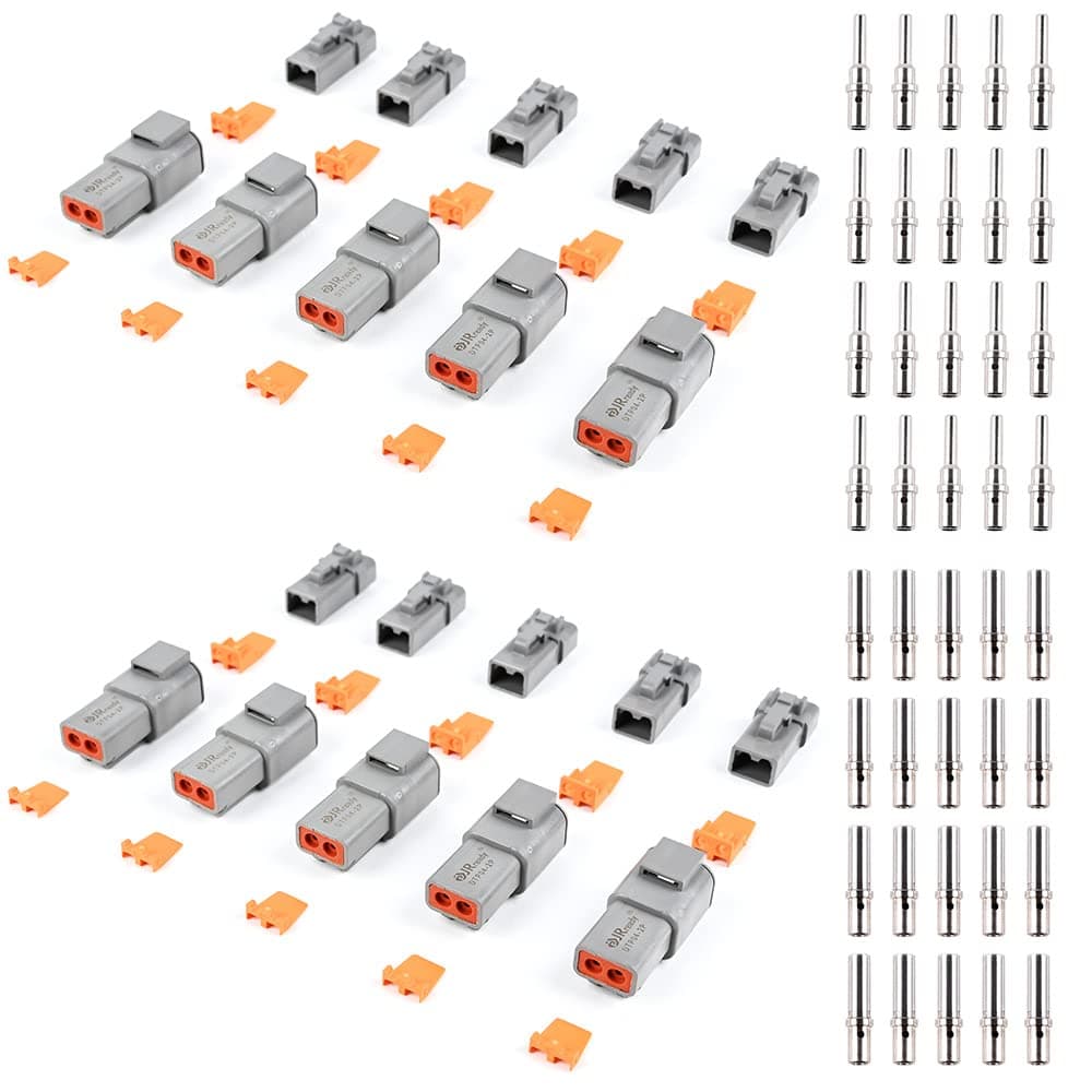 JRready ST6285 Deutsch DTP Connector Kit Size 12 Waterproof 25 Amp 10 Sets 2 Pin Connector Kit with 20 Pairs 1612 AWG Solid Contacts Male and Female Closed Barred Terminal Kit