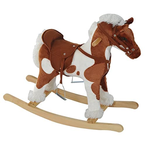 Qaba Wooden Toddler Rocking Horse Kids Plush Ride on Horse Toy Animal Rocker with Nursery Rhyme Music Brown