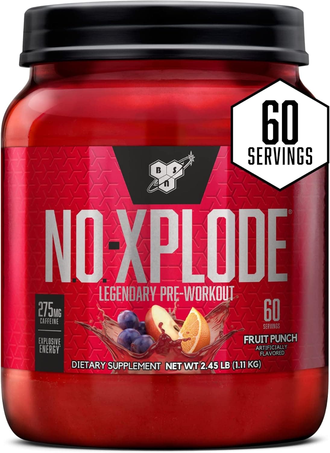 BSN NOXPLODE Pre Workout Supplement with Creatine BetaAlanine and Energy Flavor Fruit Punch 60 Servings