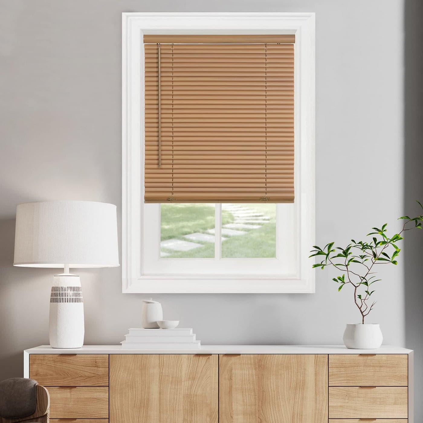 Cordless Light Filtering Mini Blind 34 Inch Width 72 Inch Length 1 Slat Size Woodtone Cordless GII Morningstar Horizontal Windows Blinds for Interior by Achim Home Decor