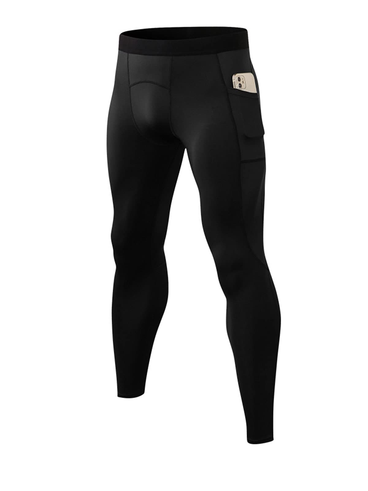 LEICHR Black Compression Pants Mens Leggings Cool Dry Workout Football Tights Sports Athletic Gym Baselayer Tights Pockets
