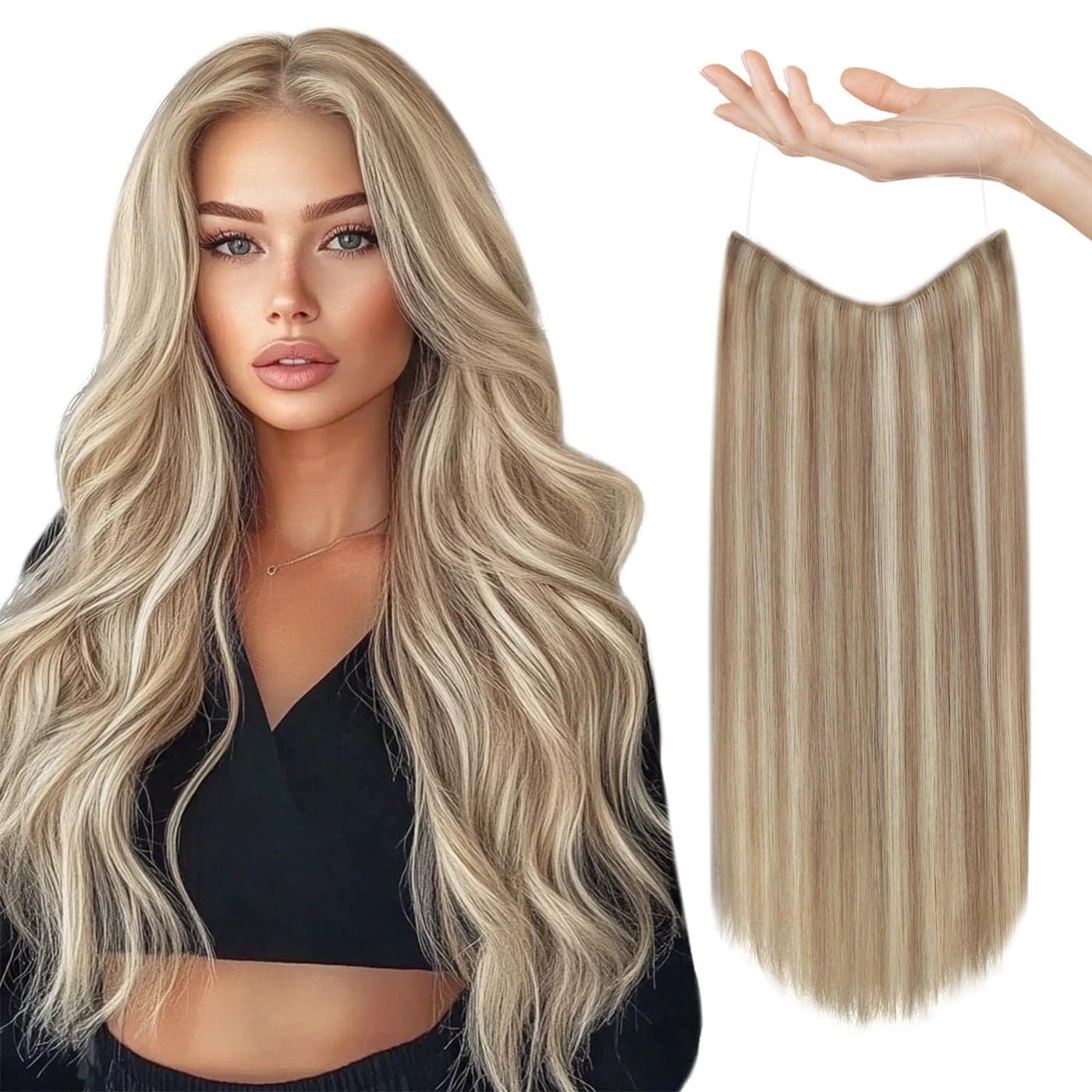 Sunny Wire Hair Extensions Real Human Hair Fish Line Human Hair Extensions Invisible Wire Extensions Ash Blonde with Platinum Blonde Highlights P18613 12 Inch