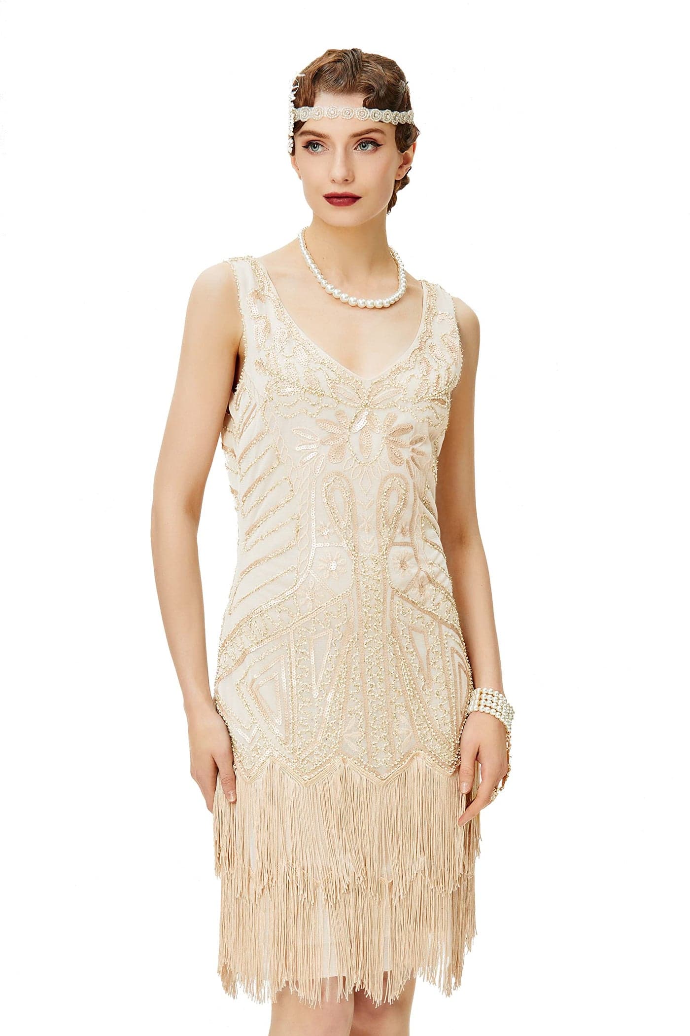 BABEYOND Womens Flapper Dresses 1920s V Neck Beaded Fringed Great Gatsby Dress Beige