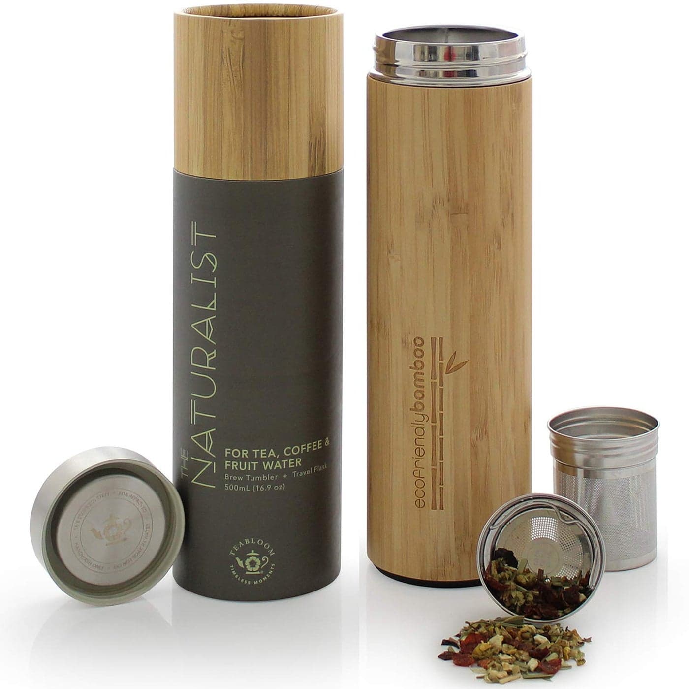 Teabloom AllBeverage Travel Tumbler Large Capacity 17 oz 500 ml Insulated Thermos Mug EcoFriendly Bamboo Hot and Cold Tea Infuser ColdBrew Coffee FruitInfused Water The Naturalist