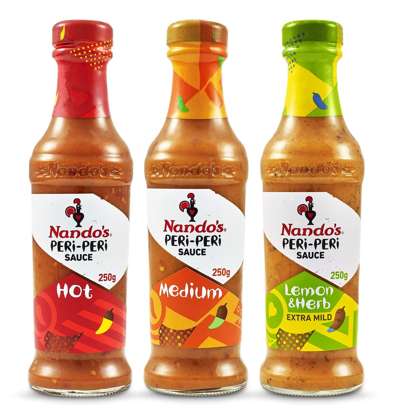 Nando's Peri Peri Chilli Sauce - Hot & Medium & Lemon & Herb 250 g, Pack of 1 each