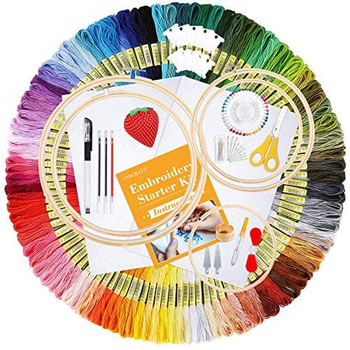 INSCRAFT 304 Pack Embroidery Kit, 200 Colors Threads, 5 Pcs Bamboo Embroidery Hoops, 2 Pcs Aida Cloth, Instructions, Bag and Cross Stitch Tools Set, Hand Embroidery Starter Kit for Beginners Adults