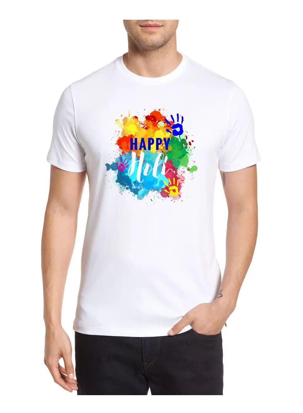 Holi Printed Round Neck Cotton White Color Mens tshirt Design 2