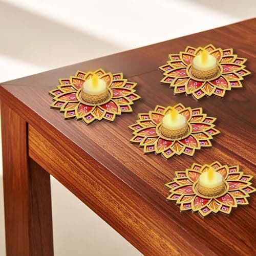 PARV MDF Tea Light Candle Holder - 6 Inch Floral Design, Pack of 4 with LED Tealights, Festive Decor, Diwali Decoration for Home, Candles & Holders, Diyas, Pooja Decoration Items