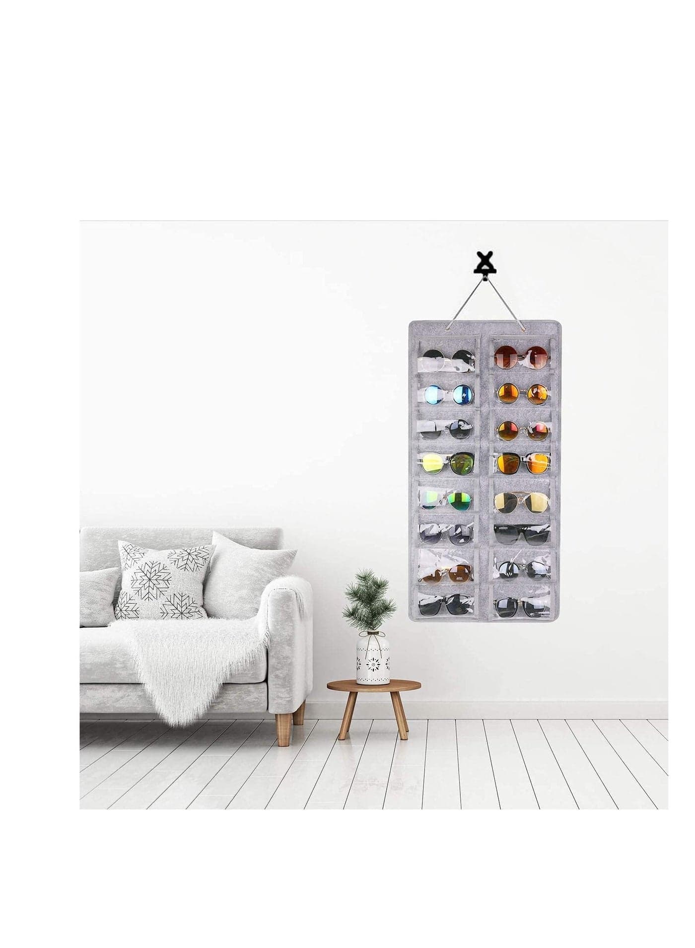 Sunglasses Organizer Storage Holder ,Hanging Dust-Proof Glasses Box with Metal Hook and Rope (16 Slots, Gray)