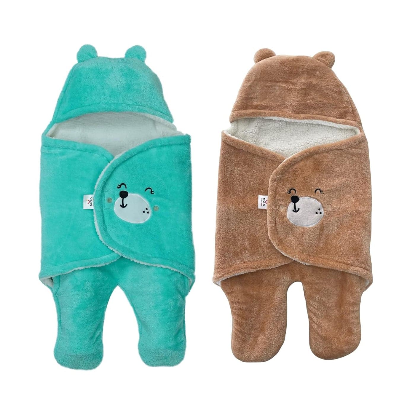 Mylo Baby UltraSoft Cute Baby Pack of 2 Swaddling Wrapper All Season Ac Blanket Multipurpose Hoodie Teddy Bear06 Months Mint GreenLight Brown