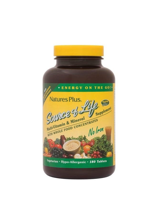 Natures Plus Source of Life No Iron - 180 Tablets, Pack of 2 - Multi-Vitamin & Mineral Supplement - Supports Natural Energy & Overall Well-Being - Gluten Free, Vegetarian - 120 Total Servings