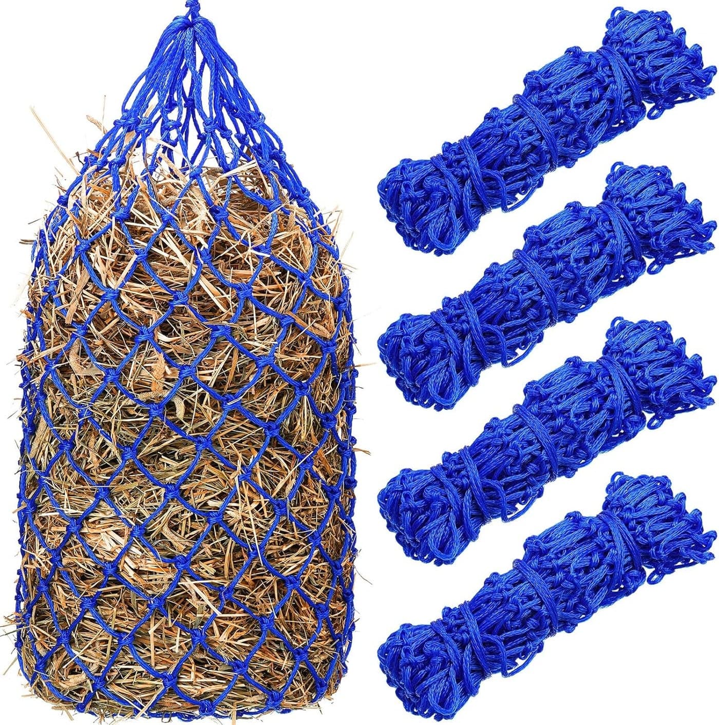 Nuenen 4 Pcs Slow Feed Hay Bag 40 Inch Hay Nets for Horses Hanging Hay Feeder for Goats 2 x 2 Inch Mesh Holes Horse Hay Bag Horse Feeding Supplies for Trailer and Stall Simulates Grazing Blue