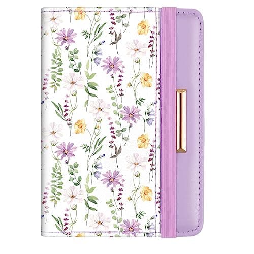 Passport Holder Cover, RFID Travel Wallet Credit Card Holder Green Cute Floral Passport Book Holders for Women with Elastic Band and Golden Metal Decoration, White Daisy