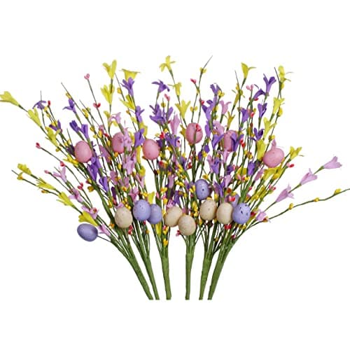 DIYFLORU Easter Egg Stems,6pcs 17in/43cm Egg Picks with Forsythia Flowers for Flower Arrangement Vase Easter Decor