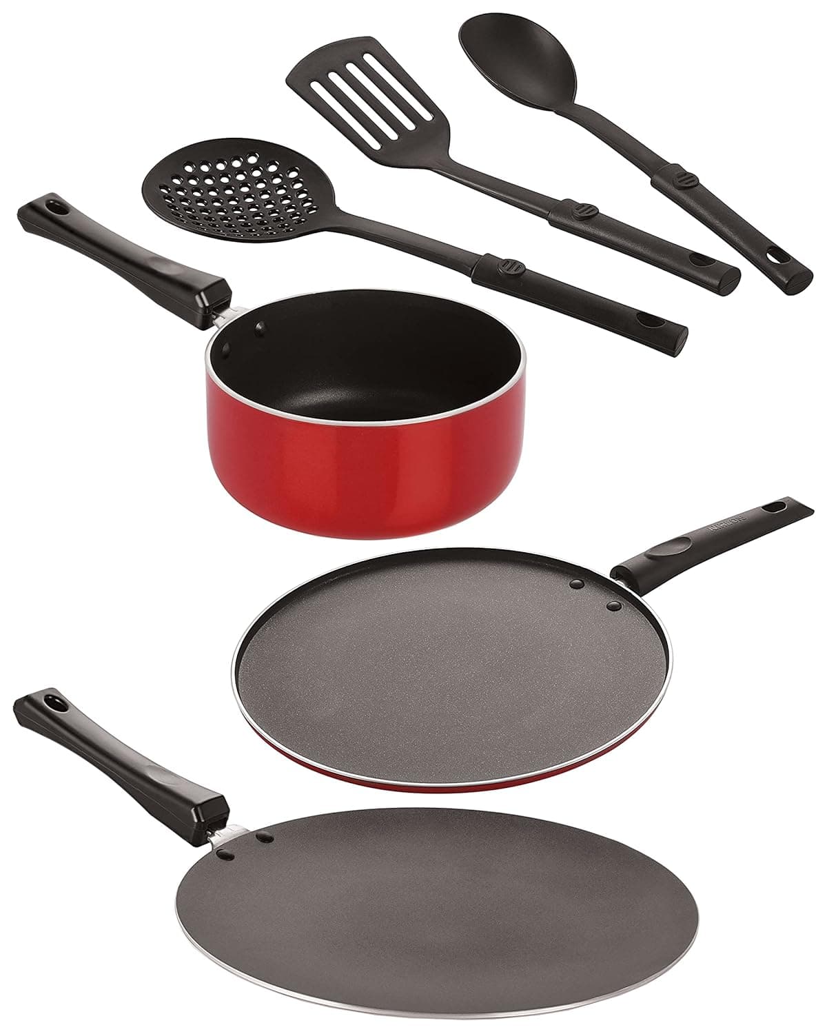 Nirlon Aluminium Nonstick Coated 6 Pcs Set of Concave Tawa 12-28.5cm / Sauce Pan (B) - 18cm - 1.8 LTR/Smart Tawa 12-29cm / 3 Pieces Nylon Spoon (2.6mm_CT12_SPB_ST12_3SPN)