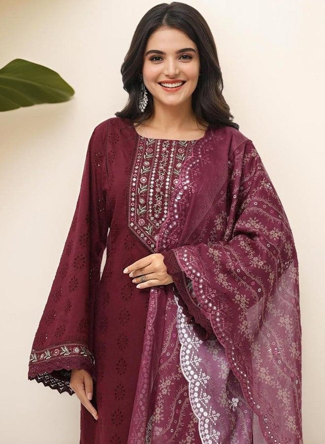 Women'S Wine 100% Cotton Embroidered Straight Fit Kurta Set