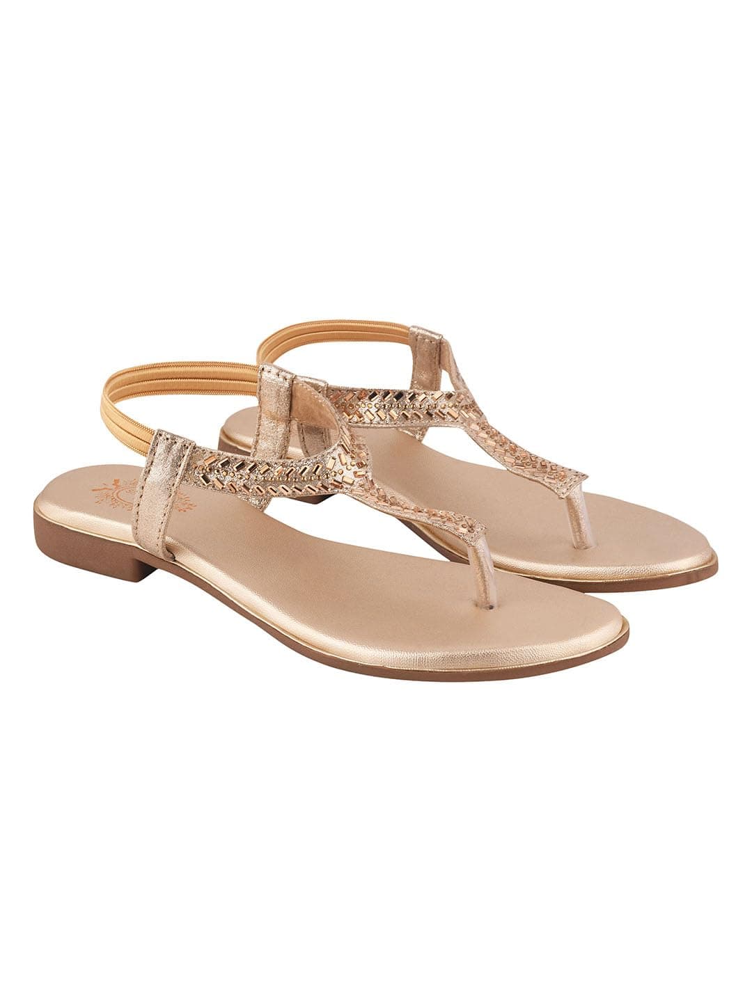Shoetopia Women's Golden Flat Sandals | Stylish T-Strap Slip-On Flats with Braided Detailing for Casual & Party EU40