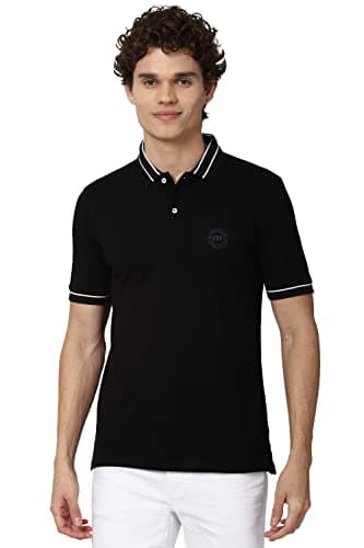 Peter England Men's Regular Fit Branded Insignia Half Sleeve Polo T-Shirt | Cotton Rich | Premium Pique Weave Black, Small