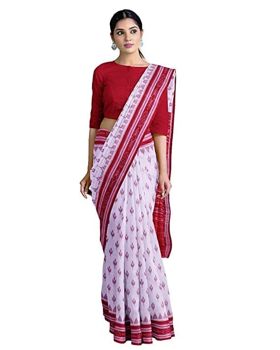 BTHIKIRI Odisha Sambalpuri Handloom Ikat Women's Cotton Saree, Odisha Handloom Handmade Pure Cotton Khandua Saree, Ikkat Orissa Traditional Handloom Saree Without Blouse (White,Red, BTHI 1664)