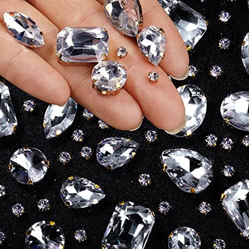 WILLBOND 156 Pcs Sew on Rhinestones Claw Flatback Crystal Rhinestones Metal Prong Setting Gems Acrylic Glass Sewing Gems for Clothes DIY Craft Shoes Dress Jewelry MakingGold Claw Clear