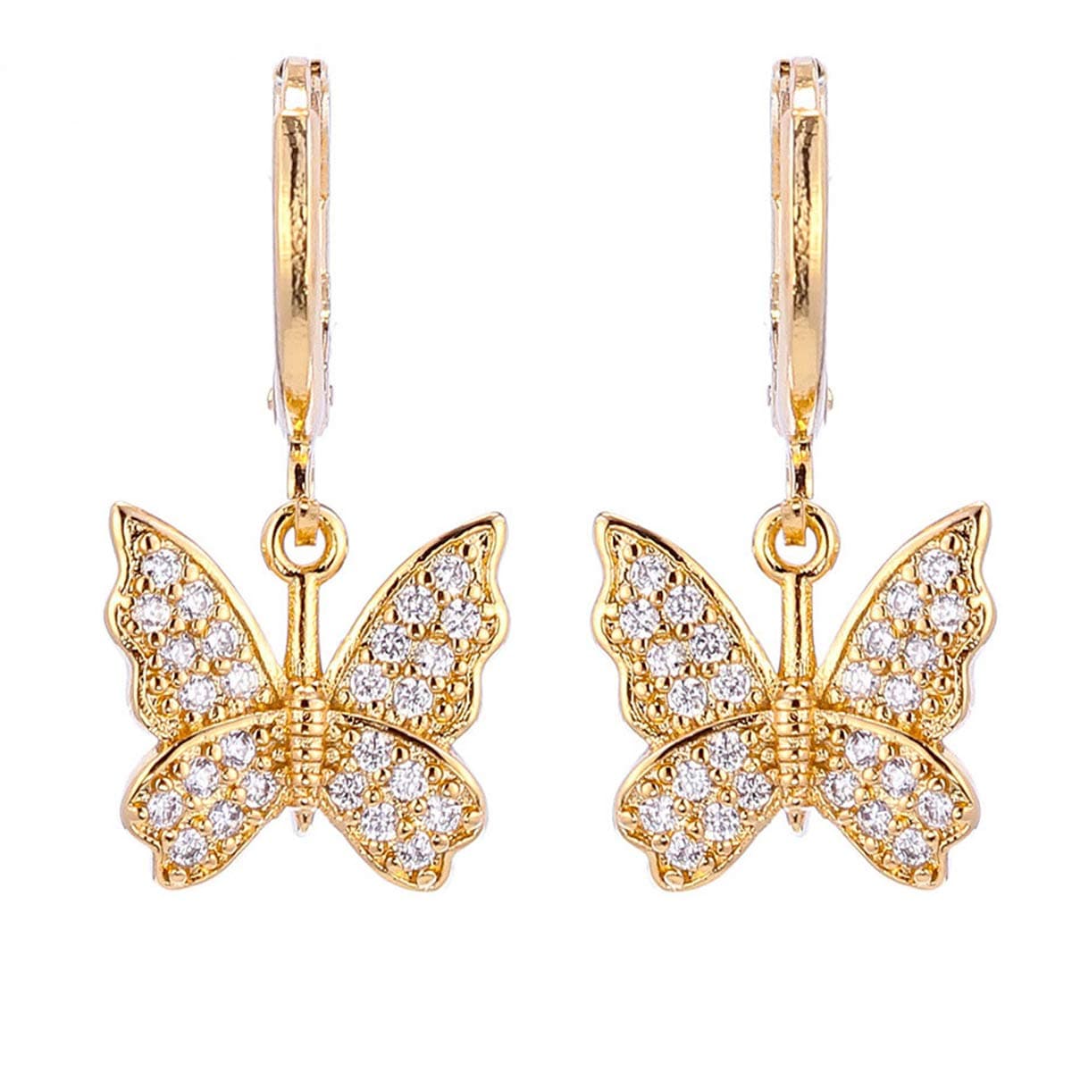 INENIMARTJ Butterfly Earrings Butterfly Dangle Earrings 14K Gold Small Crystal Butterfly Hoop Earrings for Women