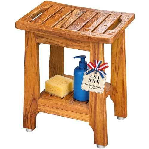 14" Compact Teak Shower Stool with Shelf & Handle - Waterproof, Non-Slip Bath Bench for Small Bathrooms/Tub/Outdoor Use, 300 lbs Capacity (Patented)