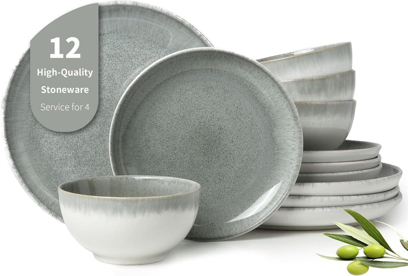 Gradient Green Stoneware Dinnerware Sets 12 pcs Reactive Glaze Plates and Bowls Sets Handmade Ceramic Round Dishes Set for 4 Highly Chip and Crack Resistant Modern Plate Set