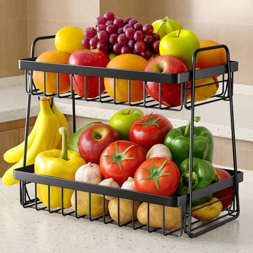 Sakugi Fruit Basket for Kitchen Counter - 2-Tier Fruit Bowl with Removable Banana Hanger & Handles, Rustproof Fruit Holder for Kitchen, Living Room, Bathroom, 14.6"×9.0"×12.9", Black