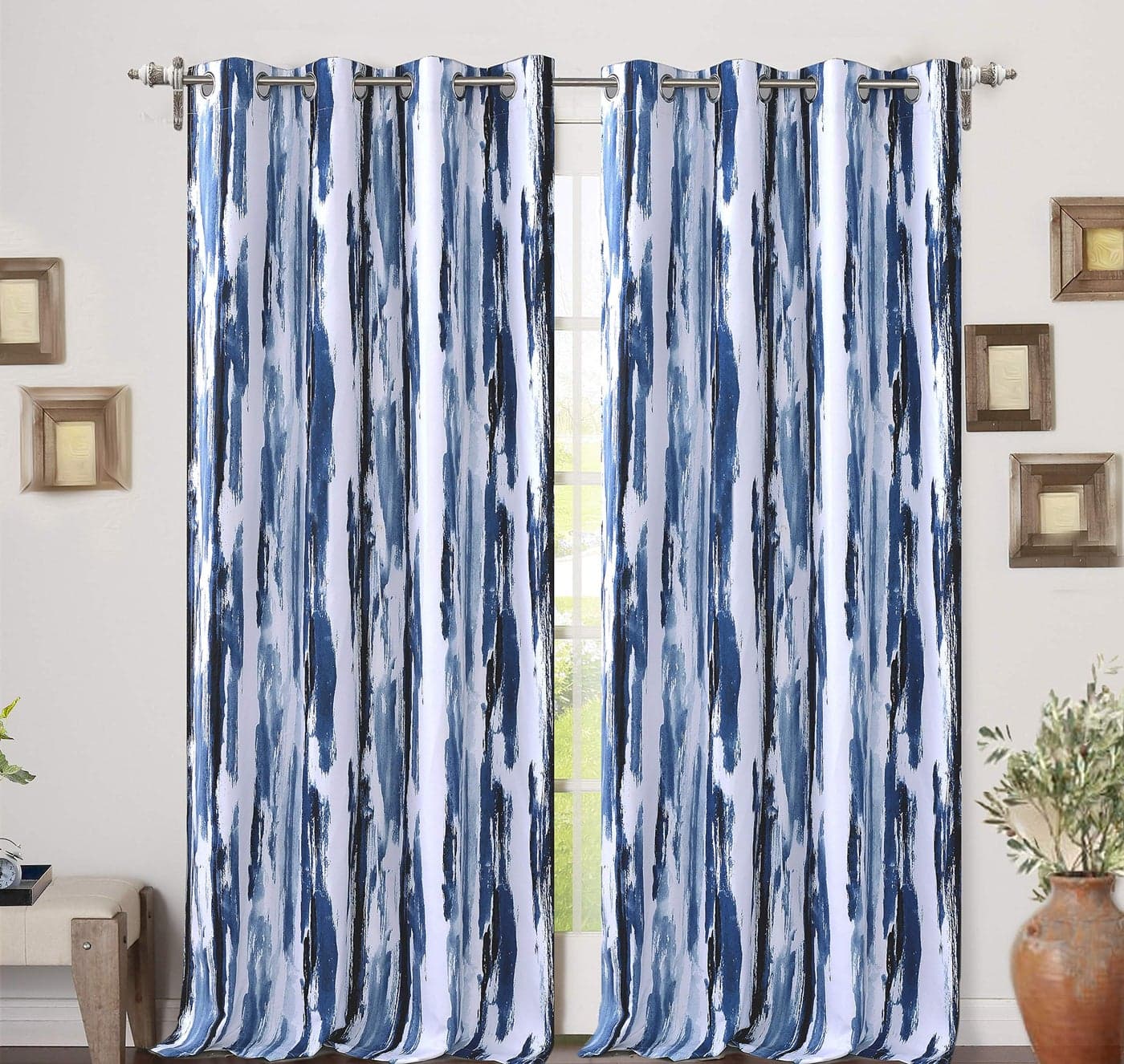 DriftAway Paint Brush Watercolor Lined Thermal Insulated Blackout Grommet Window Curtains Navy Blue White Ink Stroke Stripe Pattern Energy Saving 2 Layers 2 Panels 52 Inch by 84 Inch