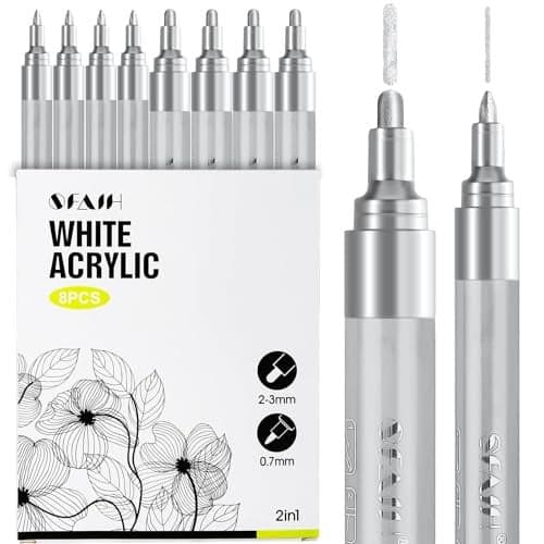 SFAIH Acrylic Silver Paint Pens 8 Pack 23MM Medium Tip 07MM Extra Fine White Paint Marker for Rock Painting Wood Metal Fabric Canvas Glass Ceramic Diy Crafts