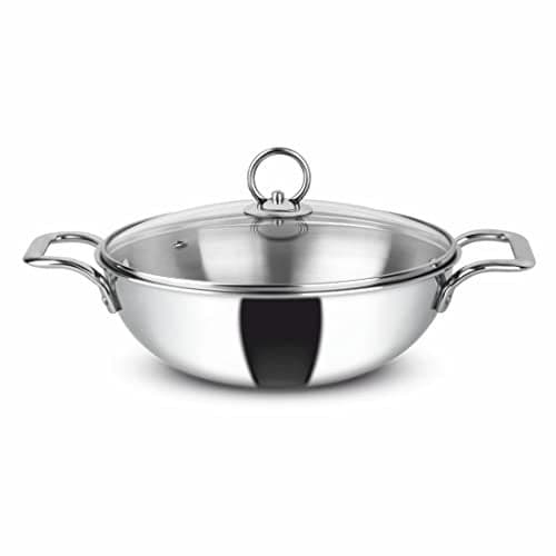Orange Triply Stainless Steel Deep Kadai with Glass Lid 1.5 litres Capacity (18 cm Diameter) | 18 cm Heavy Bottom with Cool Touch Handle | Silver (Induction and Gas Stove Friendly) | 5 Year Warranty