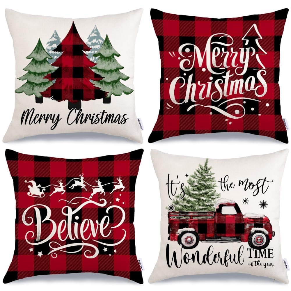 GEEORY Merry Christmas Throw Pillow Covers 20x20 Inch Set of 4 Xmas Trees Truck Buffalo Plaid Believe Farmhouse Decorative Cushion Cases for Home Decoration G42120