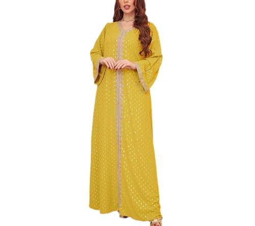 FPOVFPO Womens Muslim Abaya Dress One-Piece V Neck Bronzing Dress Islamic Full Length Kaftan Daily Casual Dress Yellow