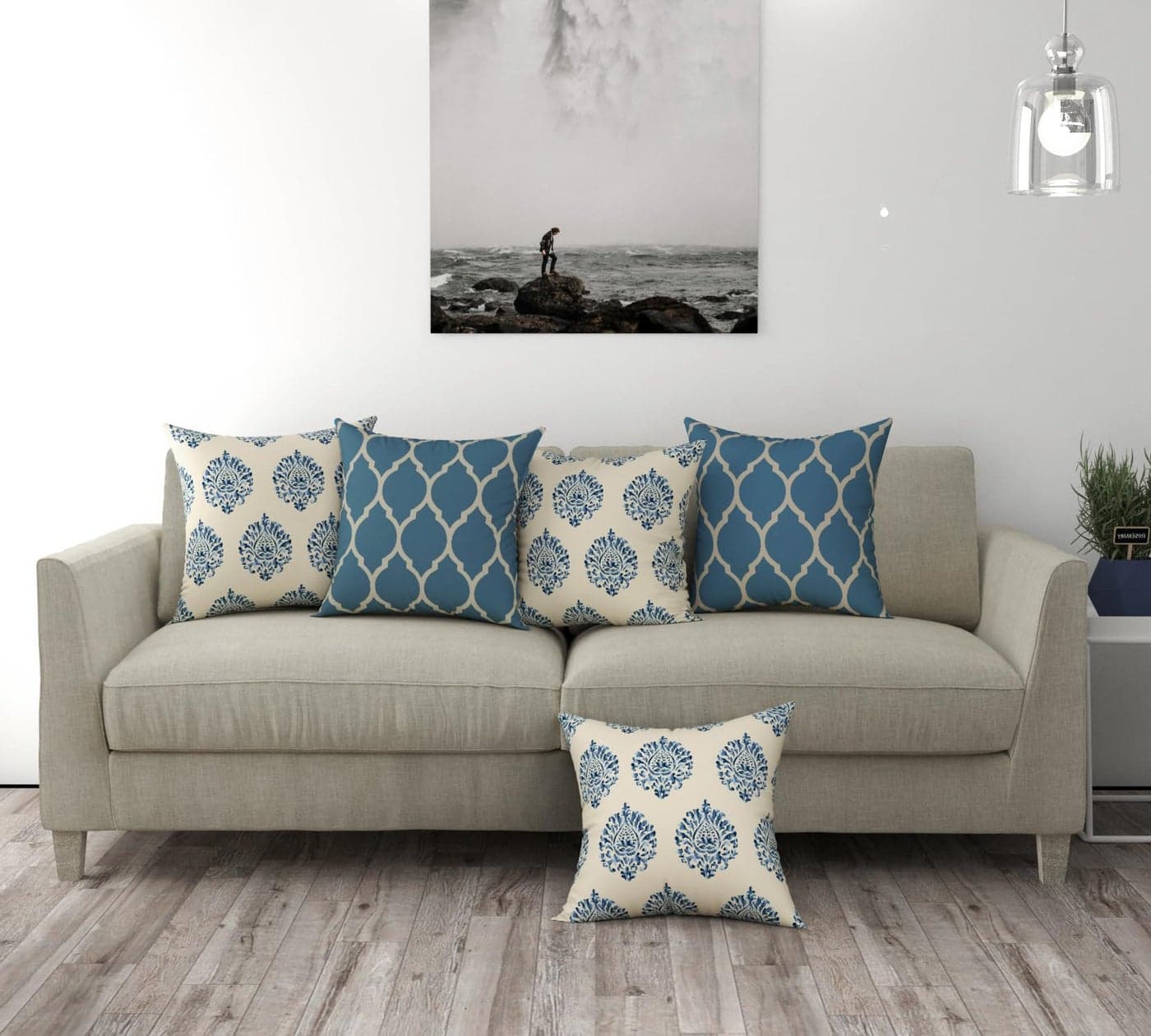 Trance Home Linen Set of 5 Premium 100% Cotton 18x18 inch Cushion Covers Only for Sofa and Diwan |Throw Pillow/Small Cushion Pillow Covers Only – (18x18 inch| 45cmx45cm, Damask & Dori Blue) – Set of 5