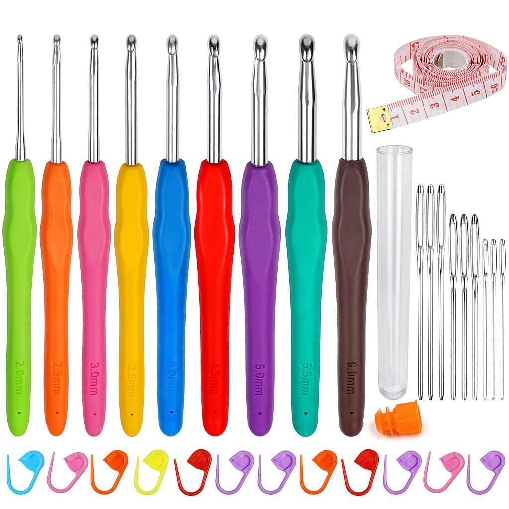 Crochet Set 31 Pieces Knitting Accessories 9 Pieces Aluminum Crochet Hooks with Ergonomic Soft Grip Handle Kit Crochet Needles Sewing Needles